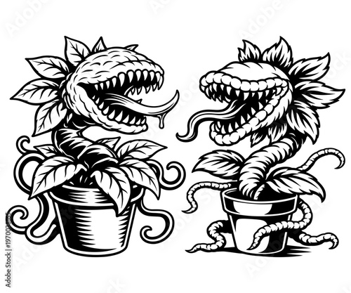 Creepy Carnivorous Venus Flytrap Monster Plants With Sharp Teeth And Long Tongues Growing In Pots, Scary Botanical Character Design Set