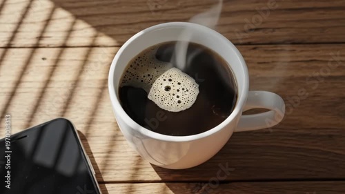 Smartphone with ai agent software next to a steaming cup of coffee and croissant on a wooden table. Digital assistant technology for morning business routine.