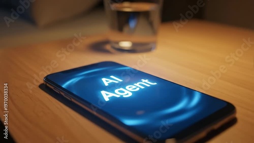 Smartphone displaying AI agent interface on a nightstand. Smart device showing intelligent system activation. Future technology and digital assistant innovation.