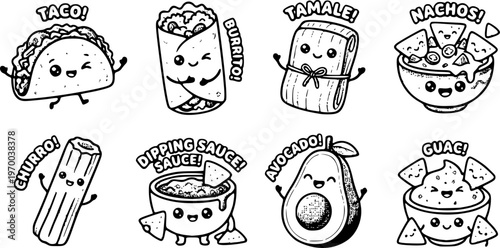 Cute kawaii style smiling taco burrito tamale nachos churro with dipping sauce and avocado vector icons set