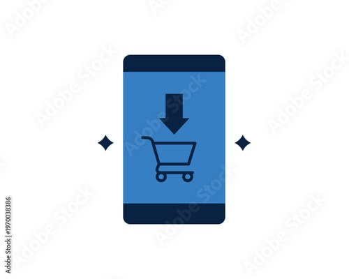 Smartphone with a shopping cart and down arrow for mobile e-commerce and app downloads.