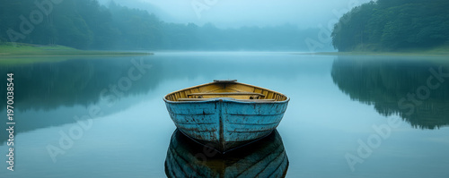picture of a boat on a huge lake, Generative AI