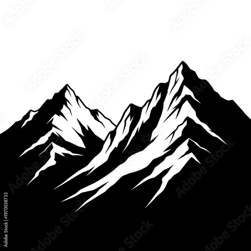 Monochrome Mountain Range Silhouette with Jagged Peaks and Ridges.
