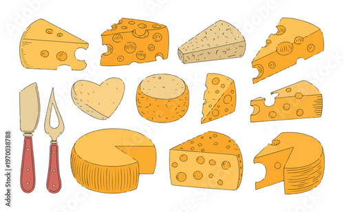 Cartoon cheese collection with slices blocks and different shapes dairy food vector illustration isolated