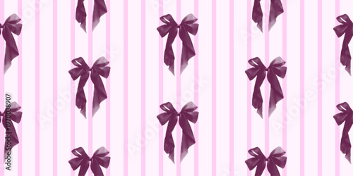 Vintage seamless pattern with gothic ribbon print. Pink striped background for textile, fabric, wallpaper. Collage bow coquette design in halftone dot texture.
