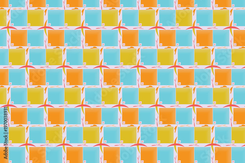 Seamless Geometric Square Pattern with Cyan and Golden Tiles for Textile and Digital Wallpaper Design