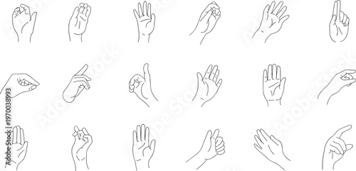 Minimalist hand gesture line art collection featuring various poses including pointing reaching and holding for instructional design and modern graphic interface symbols,