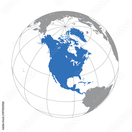3D Globe Illustration with North America Highlighted in Blue. Features Latitude and Longitude Grid over Grey Continents. Concept for Geography, Regional Mapping, and Global Positioning. Business