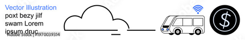 Smart mobility, cloud services, cashless payments, IoT, public transport, modern commuting. A bus using wireless technology connecting to a digital payment system. Smart mobility and cloud services