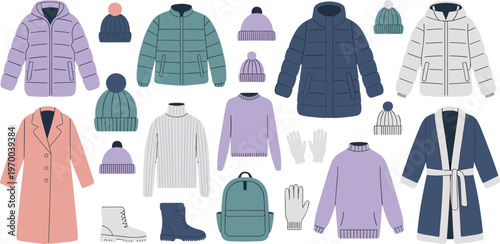 Flat vector winter clothing collection featuring puffer jackets wool beanies sweaters boots and gloves for cold weather fashion and outdoor seasonal apparel design,
