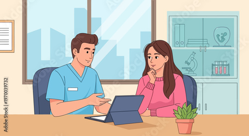 A doctor discusses conception and awareness with a donor on International Day in a clinic.