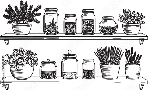 Hand drawn sketch of potted plants and jars on shelves for kitchen or home decor. Vector illustration