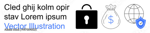 Cybersecurity, financial security, e-commerce protection, online banking, data encryption, internet safety. Lock, money bag globe and shield digital security and finance. Cybersecurity