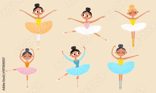 Vector collection of cute dancers. Beautiful ballerina princesses dancing on white background. Vector illustration