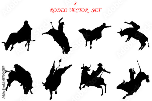 Cowboys riding bulls in rodeo contest.Silhouette of cowboys handling bulls in various dynamic positions showing the fierceness of the event.Rodeo outline eps10 vectors isolated on white background.