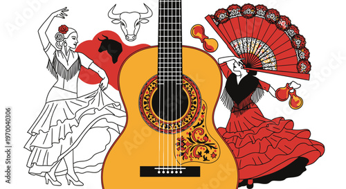 Spanish Flamenco Guitar and Dancer Illustration