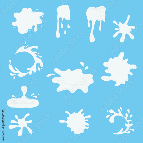 Milk splashes and drops on a blue background. Vector illustration. Milk waves and splashes for dairy product advertising, simple design isolated on a white background