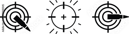 Gun pistol revolver bullet target icon set collection group in black flat and line style vector illustration, shooting aim crosshair ammunition symbol pack, weapon firearm design bundle