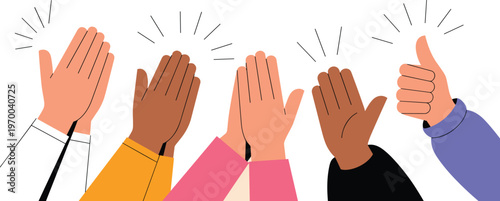 Diverse hands clapping and giving thumbs up vector illustration featuring various skin tones and clothing styles for corporate recognition success and community applause design