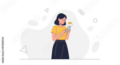 Woman using smartphone, receiving message notification, modern flat illustration