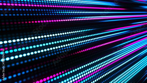 A rapid movement of glowing digital lines composed of blue and pink neon dots. A sense of speed and directional flow sweeps through virtual space. Vector