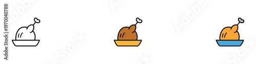 Roasted chicken turkey icon set for Thanksgiving dinner, restaurant menu, and festive holiday meal. Cooked poultry serving symbols on a platter. Vector Illustration.