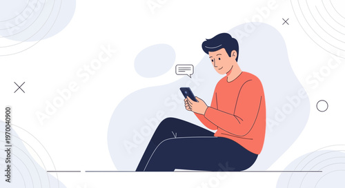 Young man using smartphone, sending messages, flat illustration, modern design
