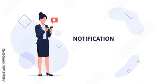 Businesswoman checking smartphone with notification alert, modern flat illustration