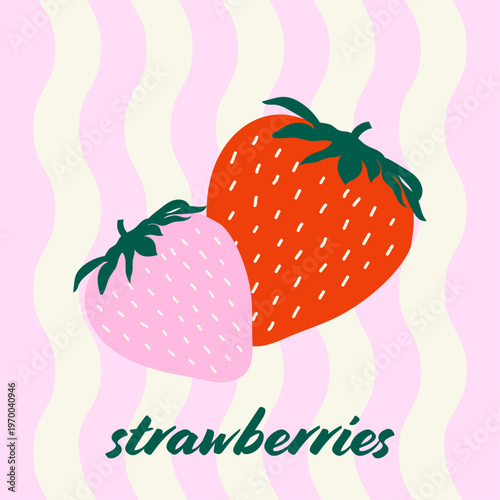 Strawberry Illustration Poster with Wavy Background in Modern Flat Style