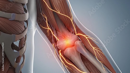 Anatomical illustration of a painful knee joint with inflamed nerves and muscles animation.