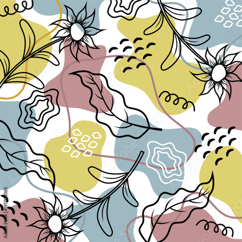 Abstract Seamless Pattern with Hand-Drawn Flowers and Leaves