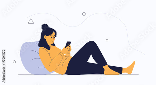 Woman Relaxing on Beanbag Chair Using Smartphone, Minimalist Illustration