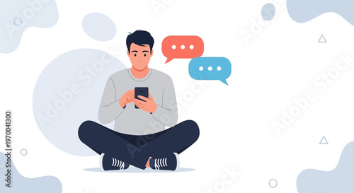 Man Sitting Cross-legged Using Smartphone, Chat Bubbles Above, Communication Concept