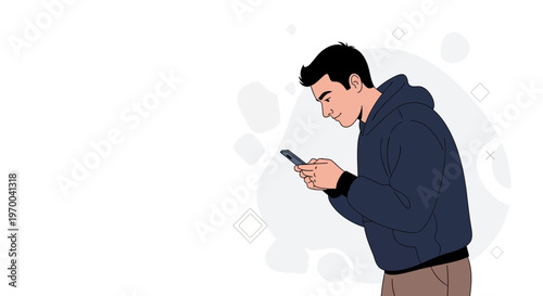 Young man in hoodie texting on smartphone, modern minimalist illustration