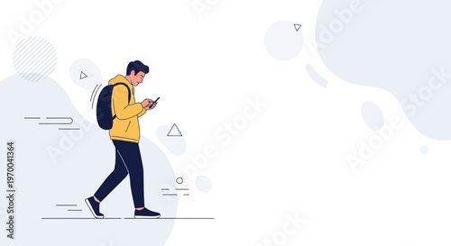 Young man walking while looking at his phone, wearing a backpack, yellow hoodie.