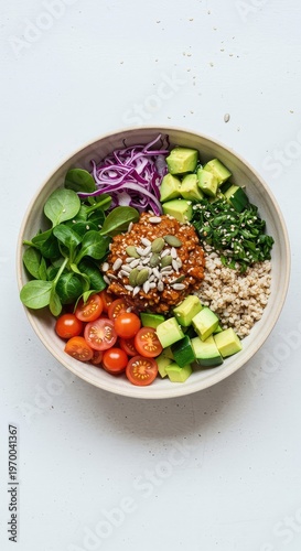 A vibrant, healthy plant-based grain bowl featuring fresh seasonal vegetables, healthy grains, seeds, and protein atop a bright surface ,minimal ,vegetable ,seeds