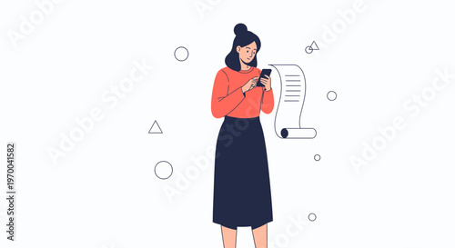 Woman with smartphone checking a long list, modern flat illustration