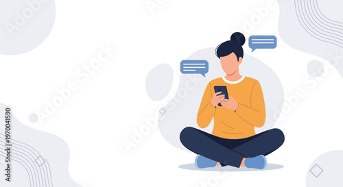 Person texting on phone, sitting cross-legged, with chat bubbles, minimalist illustration