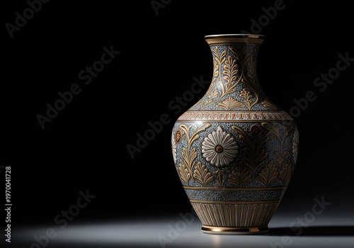 A sophisticated and traditional ceramic vase featuring intricate decorative patterns, showcasing timeless artistry and elegant home decor ,intricate ,refined ,stoneware