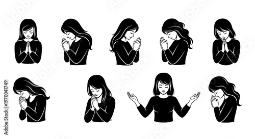 Christian girl praying icons set – Aesthetic faith clipart, devotional theme