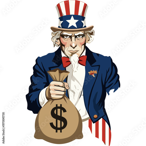 A cartoon illustration of Uncle Sam holding a money bag with a dollar sign.