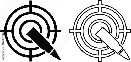 Gun pistol revolver bullet target icon set collection group in black flat and line style vector illustration, shooting aim crosshair ammunition symbol pack, weapon firearm design bundle