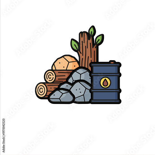Natural resources extraction wood stone and oil barrel industry supply concept