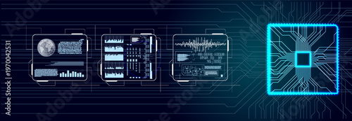 Futuristic technology interface with glowing CPU microchip and data analysis HUD on a dark blue background