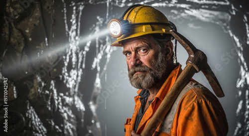 Bearded man wearing helmet holding pickaxe in mine tunnel  