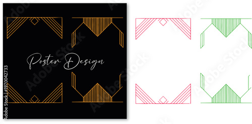 Art Deco poster design templates with geometric gold borders, vintage 1920s style frames in pink and green, elegant luxury vector borders for invitations