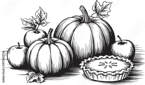 Autumn harvest sketch pumpkins apples and pie hand drawn vintage vector illustration thanksgiving
