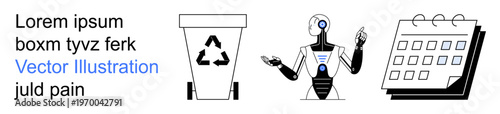 Sustainability, robotics, technology, waste management, time management, planning. A recycling bin, a humanoid robot and a calendar icon. Sustainability and robotics are the highlighted concepts