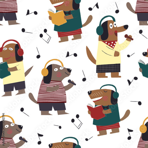 Playful seamless pattern with cute cartoon dogs singing, reading, and listening to music. Whimsical flat style with musical notes, cozy outfits, and soft textures perfect for kids products, textiles