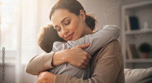 Mother hugging child with love and warmth in cozy living room  